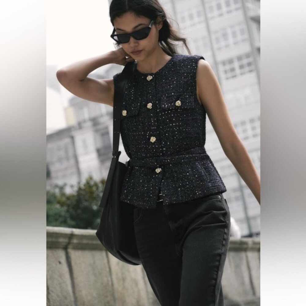 ZARA BELTED SEQUIN STRUCTURED VEST